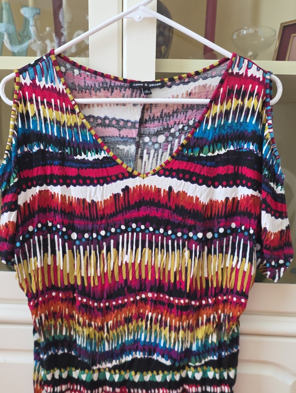 Cable & Gauge V-Neck Multicolor Striped & Dot Cold Shoulder Blouse